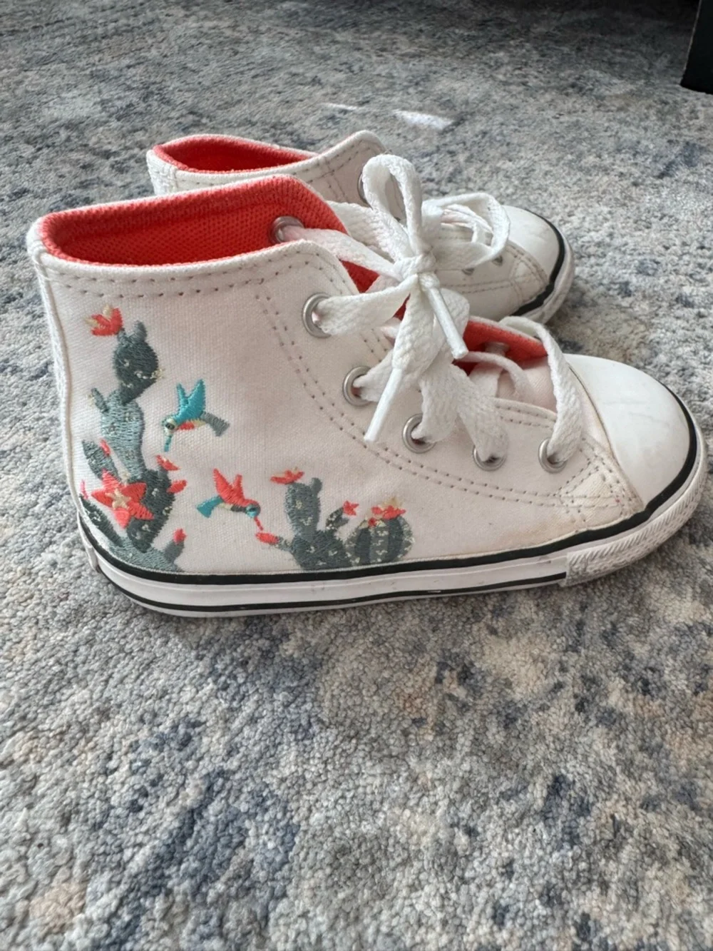Converse Kids White High-Top Sneakers with Cactus Floral Print and Coral Lining